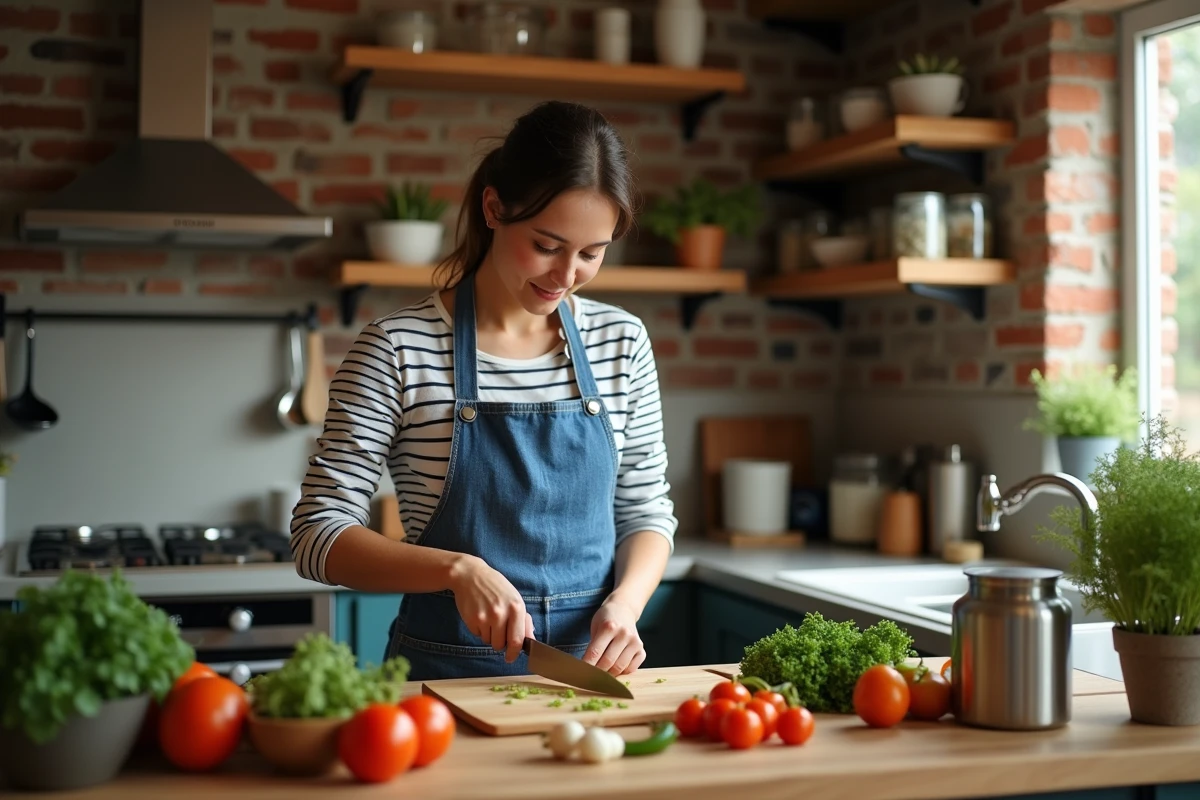 Jeune femme coupe des légumes dans une cuisine chaleureuse et lumineuse