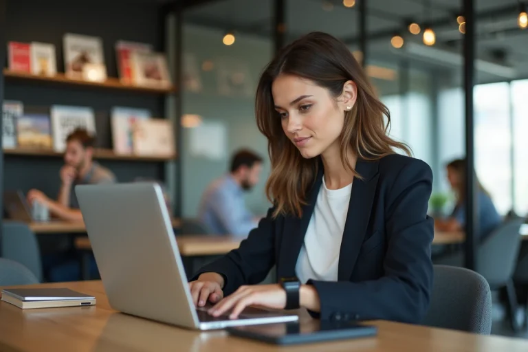 Jeune femme en coworking utilisant un ordinateur portable