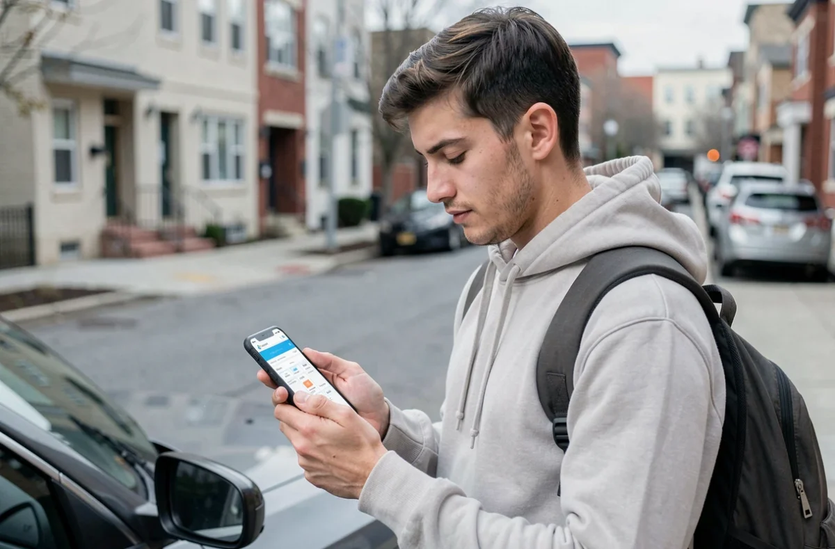 Jeune homme consultant le plan du site Les Garages Solidaires sur smartphone dans une rue urbaine