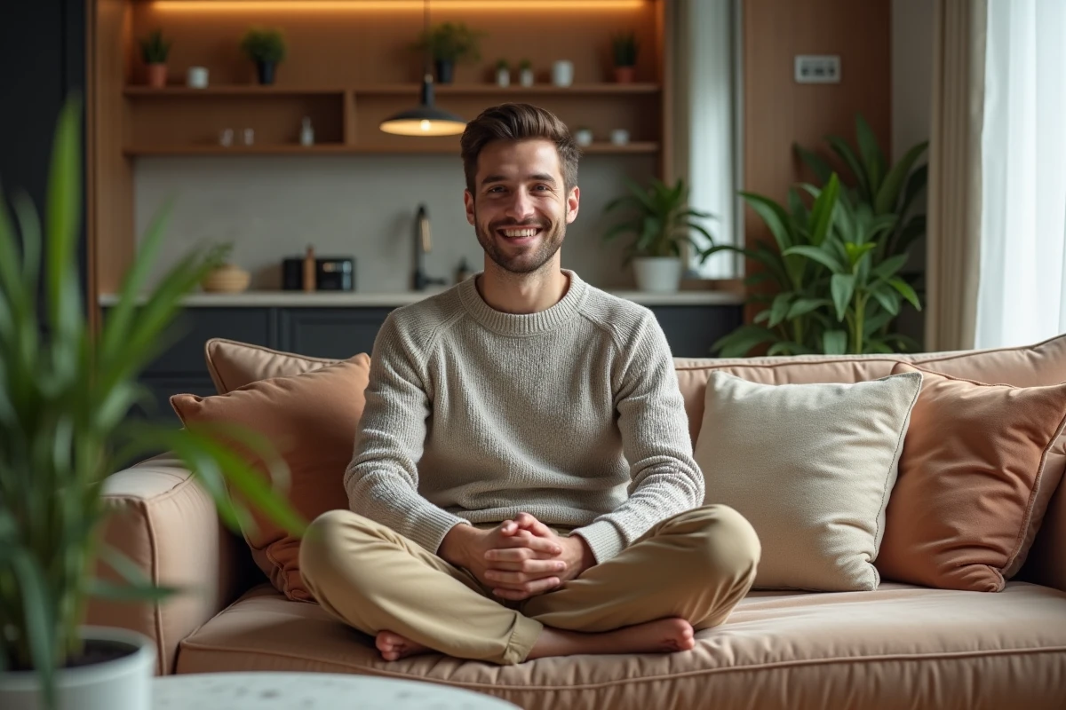 Jeune homme souriant assis sur un canapé en velours dans un appartement