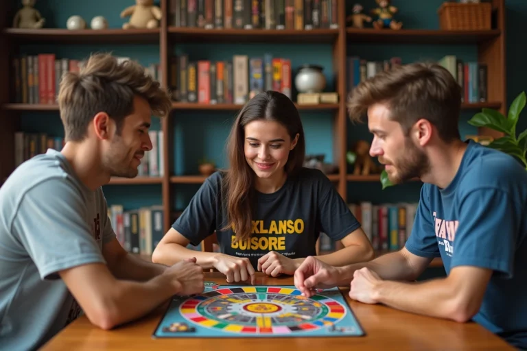 Trois jeunes adultes jouent à un jeu de société coloré dans un salon cosy