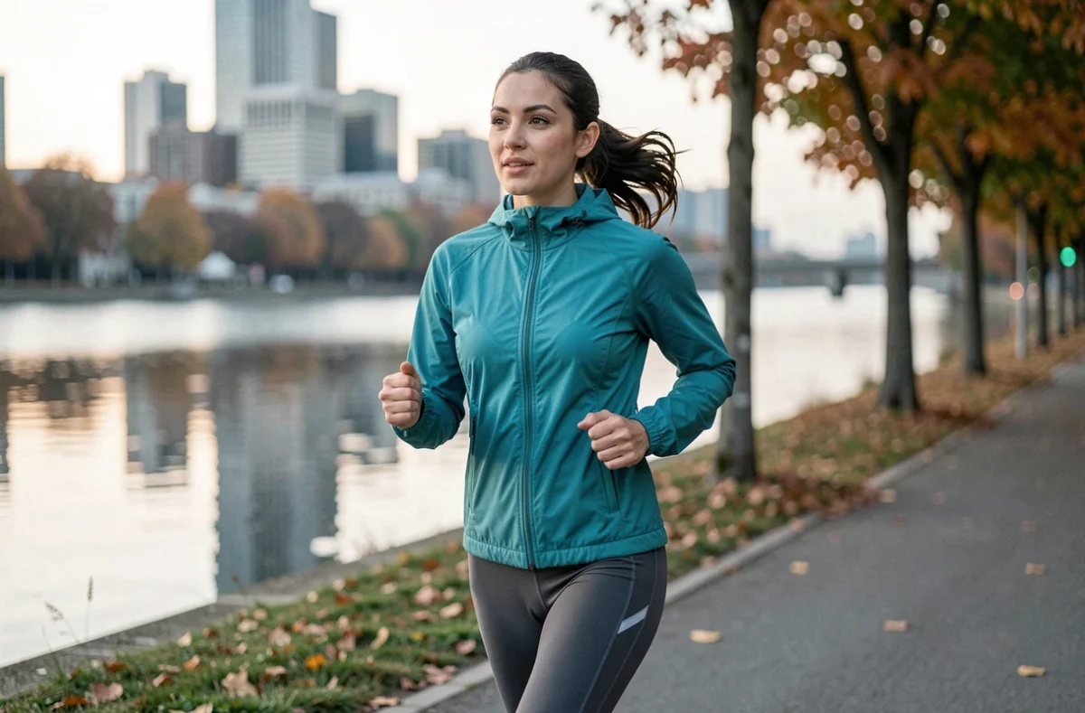 Femme qui court le long d'un chemin urbain au bord de la rivière en automne pour maintenir une vie saine et active au quotidien