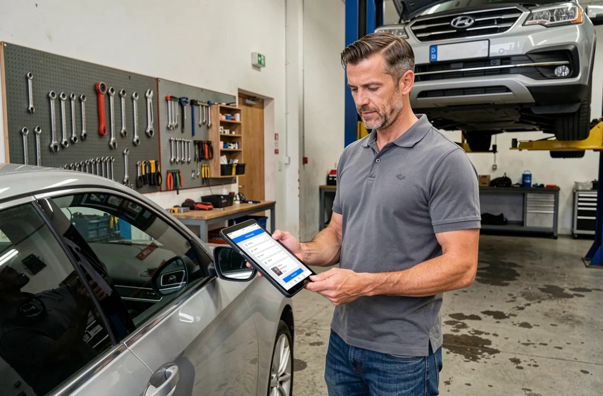 Mécanicien consultant le plan du site Les Garages Solidaires sur une tablette dans un atelier automobile