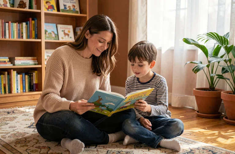 Mère et enfant lisant un livre ensemble assis sur le sol d'un salon chaleureux, illustrant l'accompagnement parental au quotidien