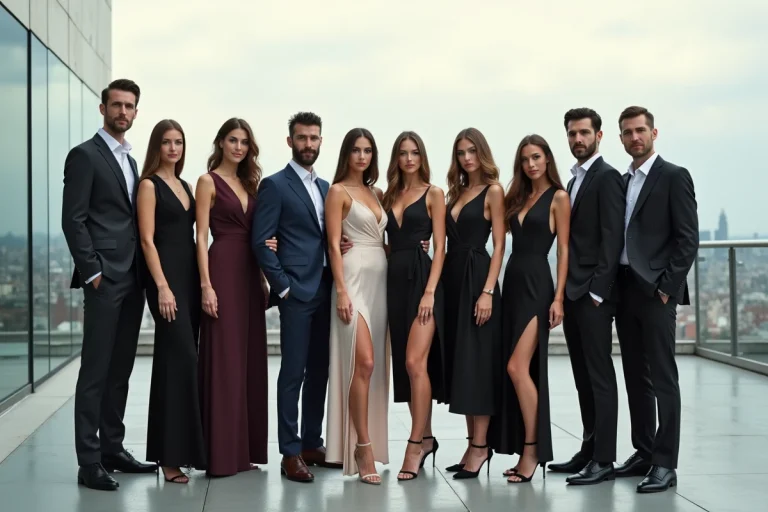 Groupe de mannequins mode élégants sur un rooftop urbain
