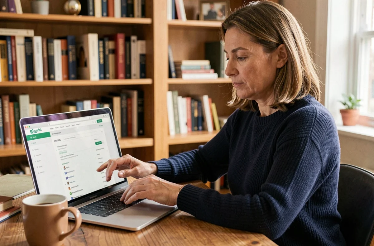 Femme naviguant sur le plan du site Les Garages Solidaires depuis un ordinateur portable dans un bureau à domicile