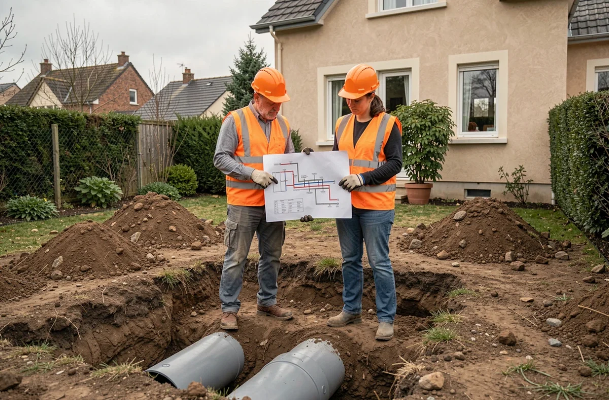 Deux ouvriers sur chantier consultant le plan de canalisation eaux usées près d'une tranchée dans un jardin