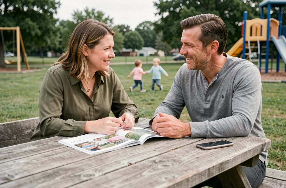 Deux parents consultant des ressources parentales ensemble dans un parc pendant que leurs enfants jouent, symbolisant l'actualité et le partage autour de l'éducation