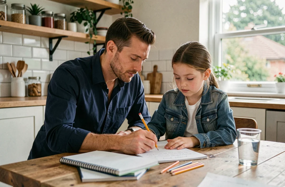 Père aidant sa fille à faire ses devoirs à la table de cuisine, incarnant l'implication parentale dans l'éducation scolaire