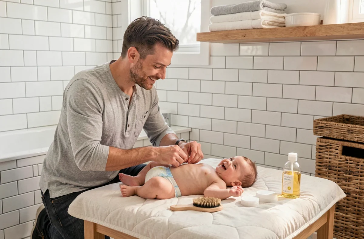 Père changeant la couche de son bébé sur une table à langer organisée dans une salle de bain moderne