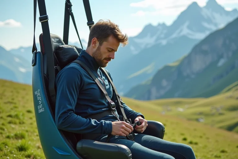 Pilote de parapente équipé d'une sellette moderne en montagne examinant les systèmes de sécurité et les sangles de sa sellette parapente