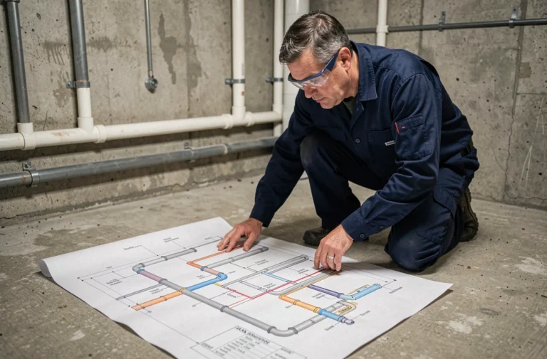 Plombier professionnel examinant un plan de canalisation eaux usées dans un sous-sol résidentiel