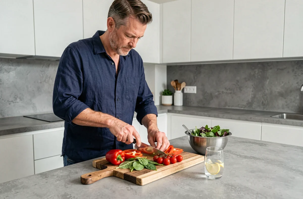 Homme préparant un repas sain et équilibré avec des légumes frais dans une cuisine moderne pour adopter une alimentation saine