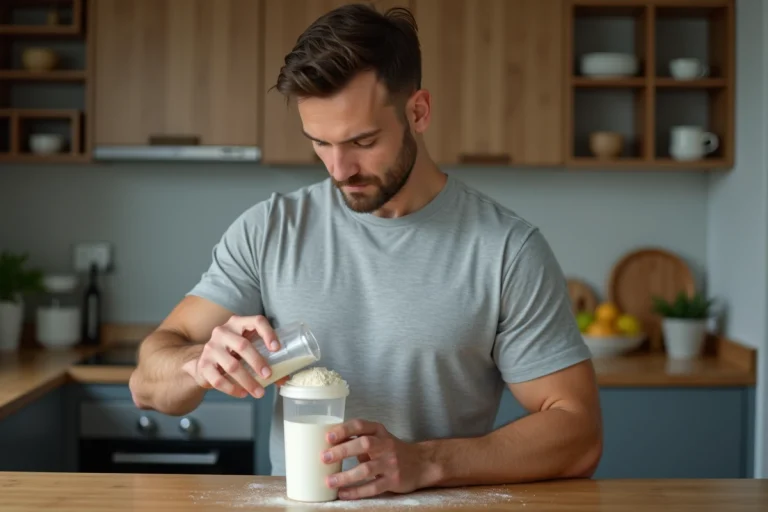 Homme préparant un shake protéiné dans sa cuisine avec une shaker transparent et de la poudre blanche