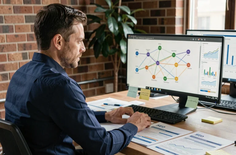 Professionnel du marketing digital analysant un réseau de blogs privés sur un écran avec des diagrammes de liens SEO