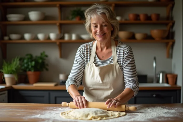 Femme préparant des pâtes maison dans une cuisine familiale chaleureuse avec des ingrédients frais sur le plan de travail
