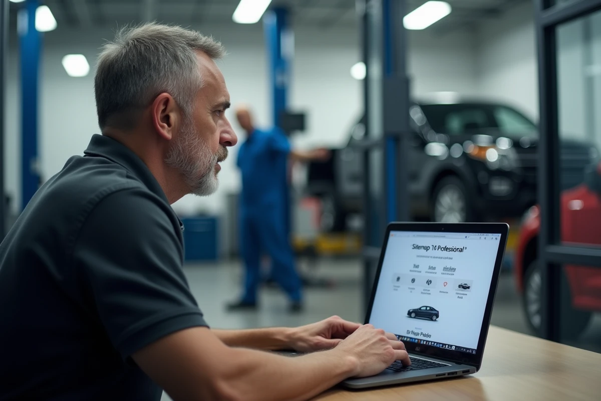 Responsable de garage automobile consultant le plan du site d'un professionnel en ligne depuis son bureau vitré