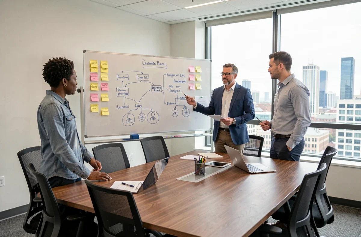 Équipe RH en réunion stratégique autour d'un tableau blanc avec des outils de planification du recrutement