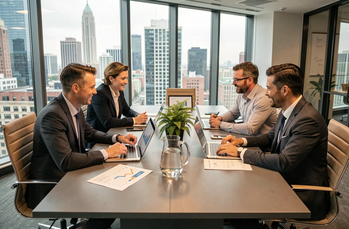 Équipe de professionnels en réunion stratégique autour d'une table de conférence pour développer leur entreprise