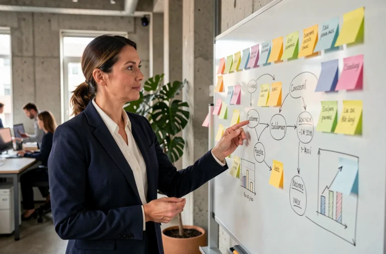 Femme professionnelle présentant une stratégie marketing sur un tableau blanc dans un bureau moderne