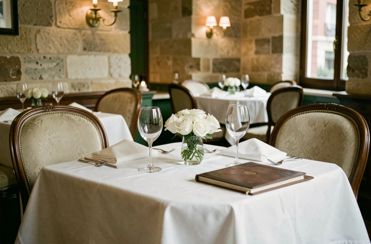 Table dressée pour deux dans un restaurant parisien intimiste et raffiné, évoquant un dîner romantique en lien avec la vie amoureuse d'Éric Jean-Jean