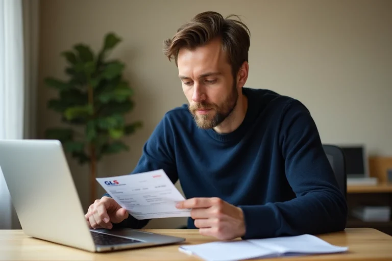 Homme vérifiant un reçu de suivi de colis GLS sur son bureau à domicile avec un ordinateur portable