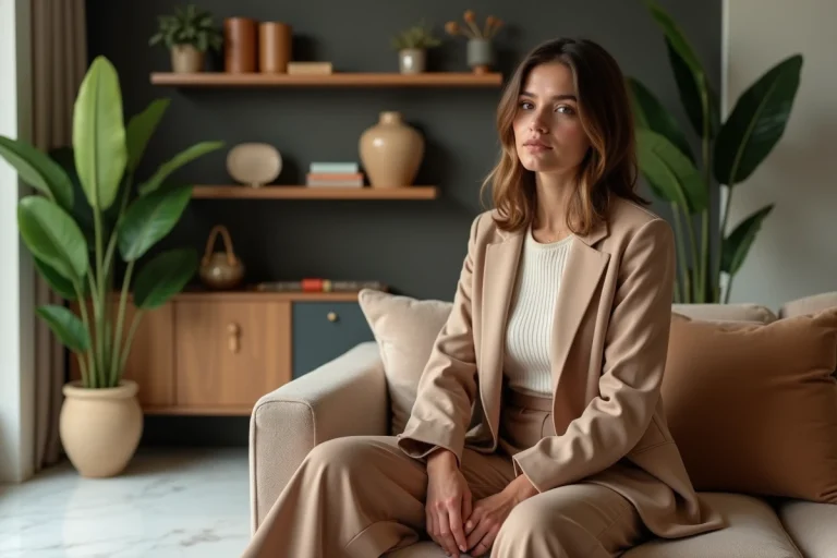 Femme élégante en blazer dans un salon moderne